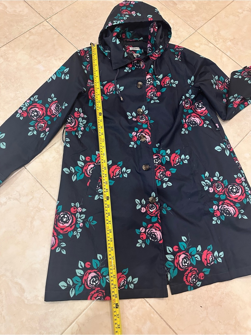 Capelli of New York Navy Floral Hooded Trench Coat Size M - Picture 10 of 16